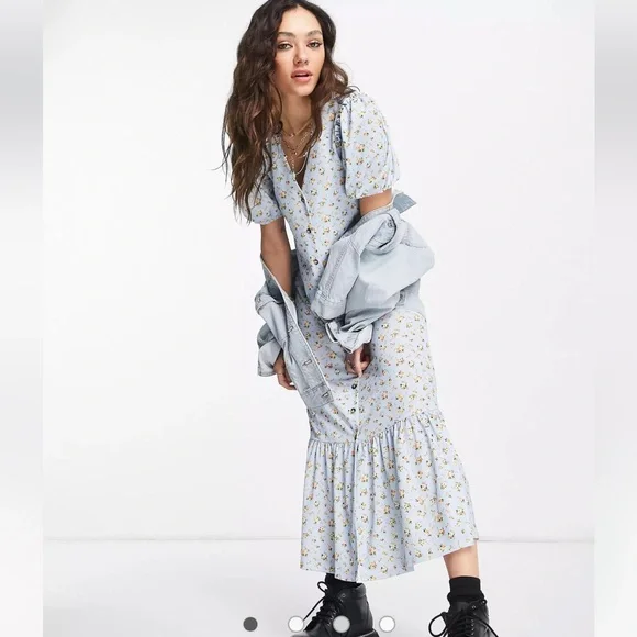 NEW Topshop Jersey midi dress pale blue women’s 6 floral cottagecore ruffle - Picture 16 of 16